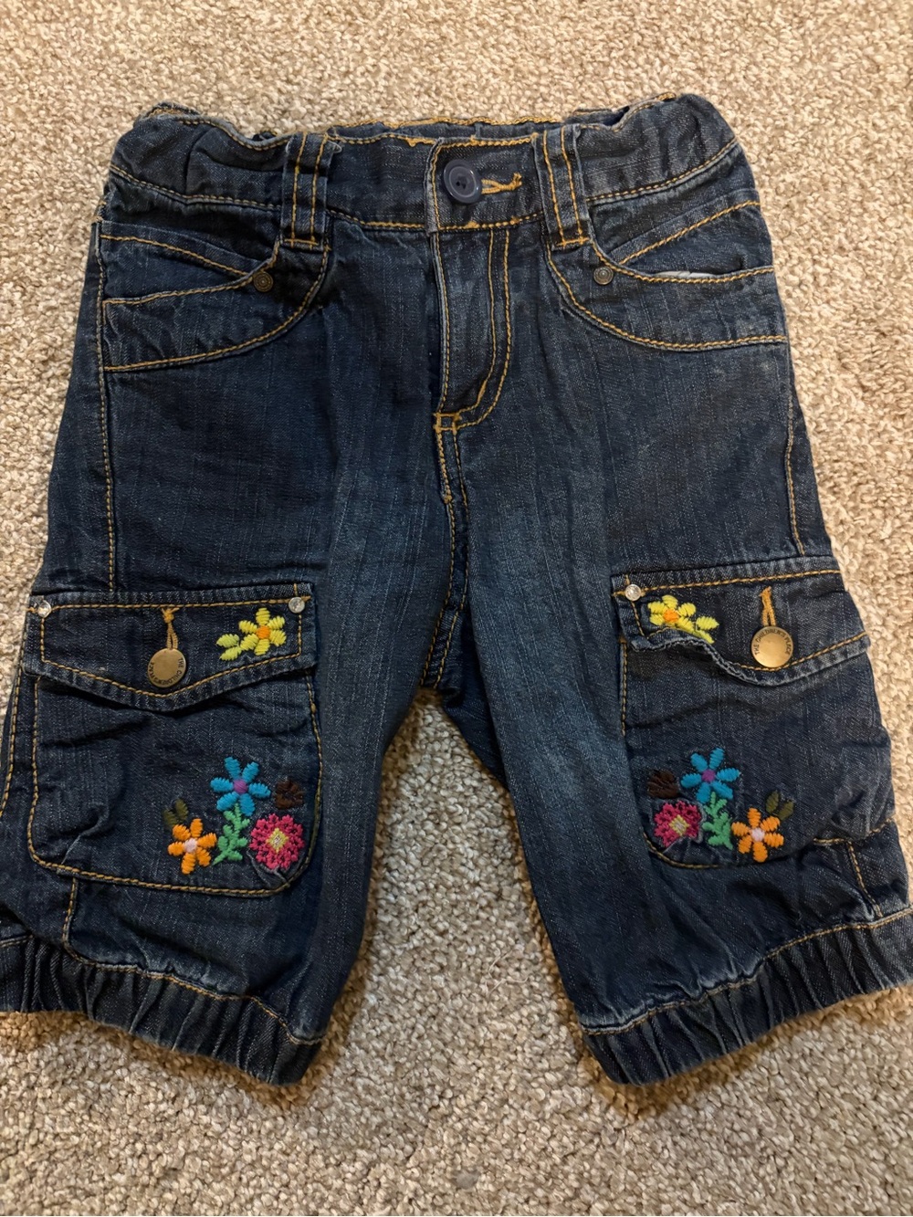 Vintage Dark Blue Denim Cargo Jeans with Floral Embroidery